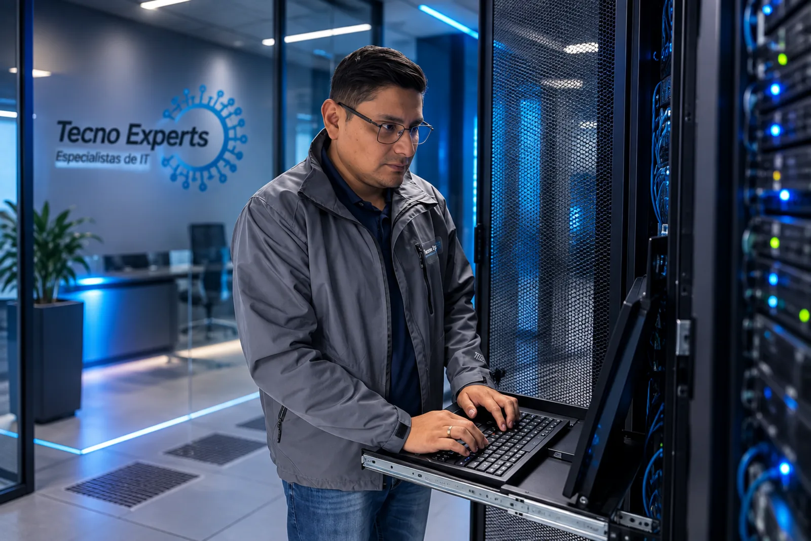 Ingeniero de Tecno Experts trabajando en un data center